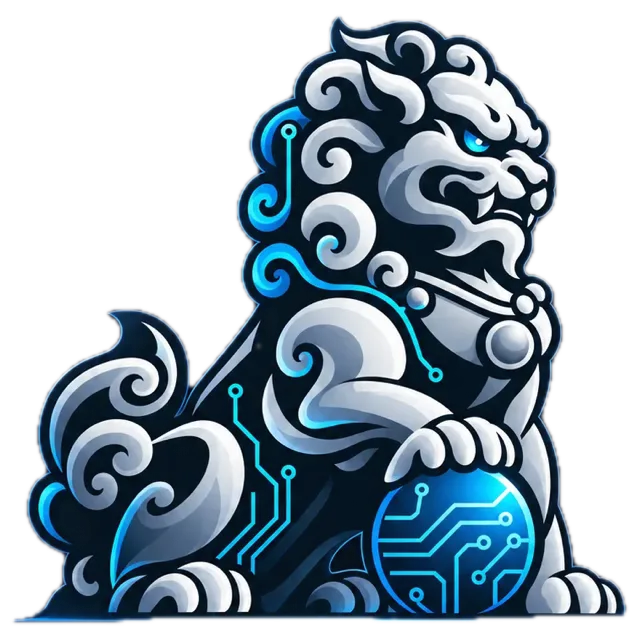 Foo Dog Solutions emblem: a guardian lion resting its paw on a circuit-patterned sphere